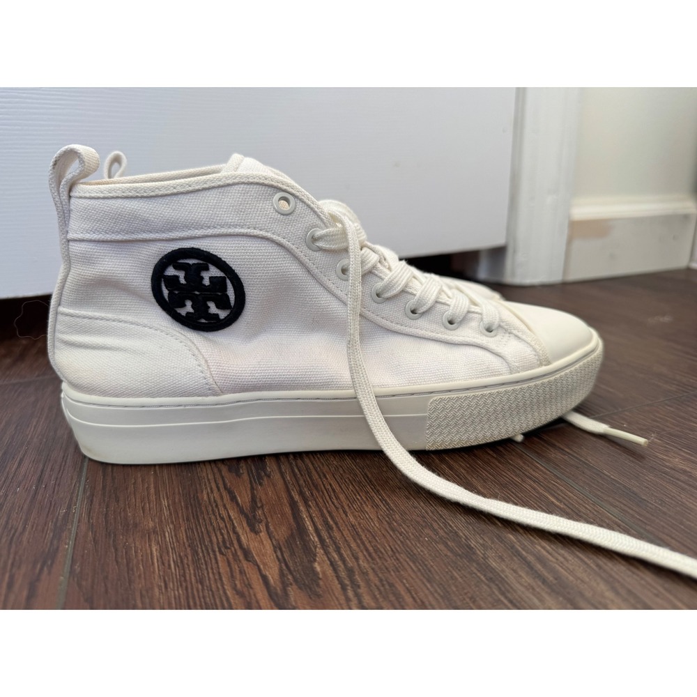 Tory Burch Howell High Top Sneakers White Canvas Black Logo Womens 7M